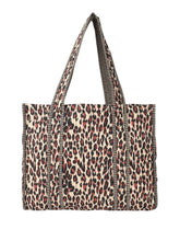 PRIMROSE Large Canvas Tote Bag, Leopard Print Pattern with Striped Trim, Shopping Shoulder Bag